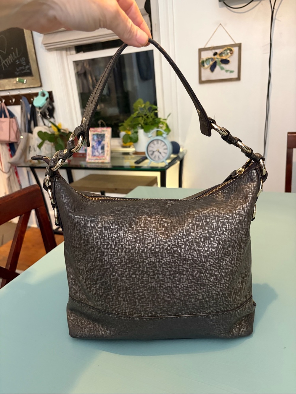 Cole Haan Metallic Charcoal Leather Hobo Shoulder Bag Ring Hardware